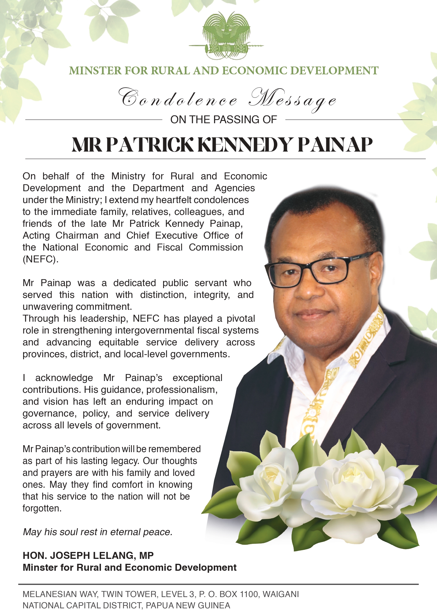 Ministers Condolence Message